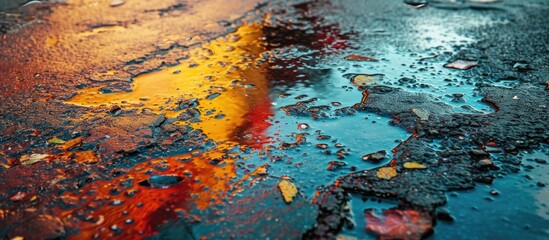 Colorful gasoline stains on asphalt resembling a textured background.