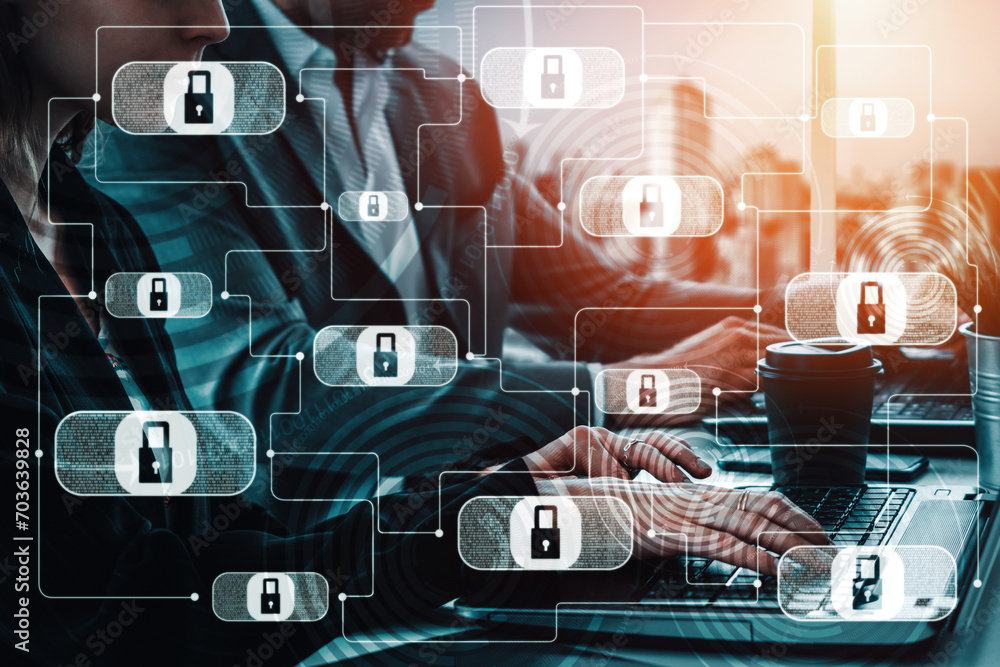 Poster cyber security and digital data protection concept. icon interface showing secure firewall technolog