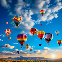 Colorful hot air balloons against a clear blue sky.