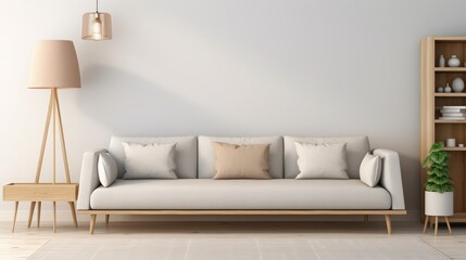 modern living room with sofa and lamp. scandinavian interior design furniture. 3d render illustration