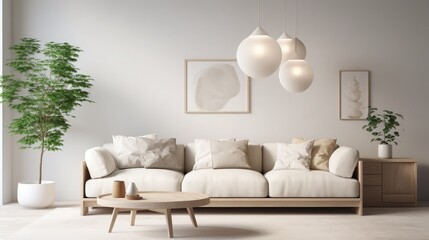 modern living room with sofa and lamp. scandinavian interior design furniture. 3d render illustration