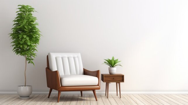 Modern mid century and minimalist interior of living room ,leather armchair with table on white wall and wood floor ,3d render