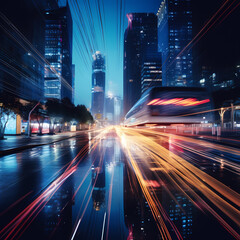 Abstract light trails in a nighttime cityscape.