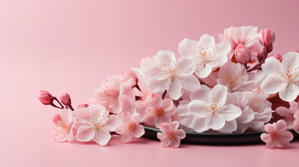 Pink and white cherry blossom on pink background with japanese bowl, isolated Sakura tree branch, Valentine day Spring time concept, flower frame composition