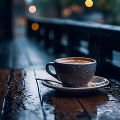 A close-up of a coffee cup on a rainy day.