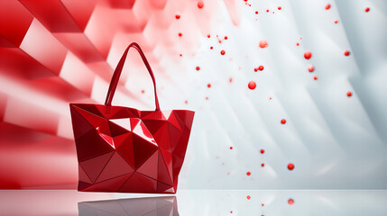  Geometric Red Tote Bag, red geometric tote bag with a background of abstract shapes and floating hearts, a blend of style and concept - Powered by Adobe
