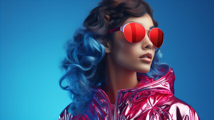 Futuristic Fashion with Heart Shades, woman in metallic pink outerwear and heart-shaped sunglasses poses confidently, her blue hair swirling, set against a cool blue backdrop