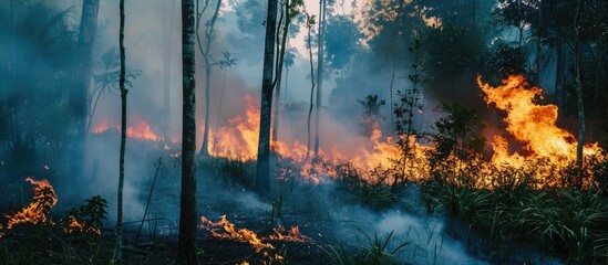 Obraz na płótnie Canvas Borneo's forest fires caused by clearing oil palm plantations contribute to global warming. Help save the Earth from the smoke emitted from these fires in Indonesia.