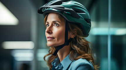 Sustainable Commute in the City, Businesswoman in helmet ready to cycle, blending sustainability with modern city life. - obrazy, fototapety, plakaty