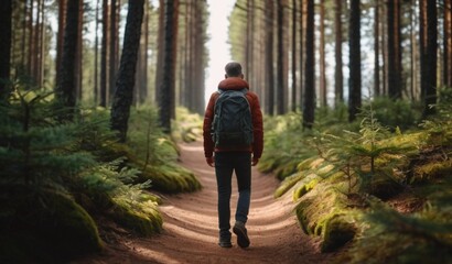 Obraz premium Close up - Traveller man with a backpack walks along in a pine forest path from AI Generative