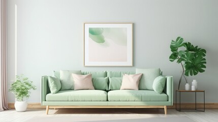 Stylish interior design of living room with modern mint sofa, wooden console, cube, coffee table, lamp, plant, mock up poster frame, pillows, plaid, decoration and elegant accessories in home decor.