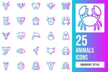 Animals Gradient Icon Set. Vector Illustration. eagle, giraffe, elephant, bat, horse, frog, butterfly, dog, dolphin, cheetah, gorilla, cow, fish, bear, cat, deer, fox, bee, flamingo, antelope, duck.