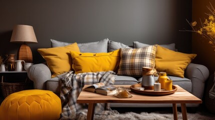 The stylish boho compostion at living room interior with design gray sofa, wooden coffee table, commode and elegant personal accessories. Honey yellow pillow and plaid. Cozy apartment. Home decor