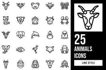 Animals Line Icon Set. Vector Illustration. eagle, giraffe, elephant, bat, horse, frog, butterfly, dog, dolphin, cheetah, gorilla, cow, fish, bear, cat, deer, fox, bee, flamingo, antelope, duck.