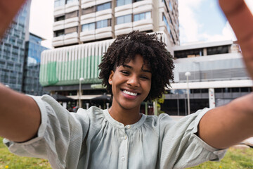 Portrait, selfie smile and happy black woman taking pictures to remember memory, social media or...