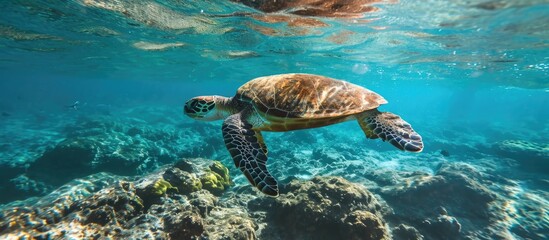 Hawaiian turtle in turquoise ocean water swimming above reef.