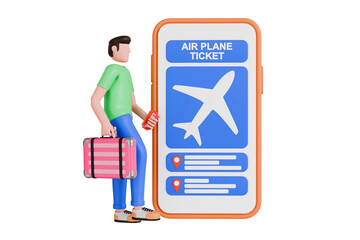 3d illustration of Online booking flight ticket. Air travel ticket buying app. 3d illustration