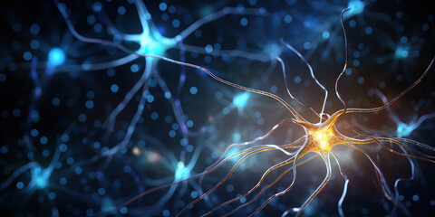 Glowing blue neurons transmitting signals in the expanse of a dark brain
