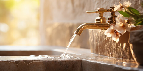 Crystal clear water streaming from an antique brass tap into a stone basin - obrazy, fototapety, plakaty