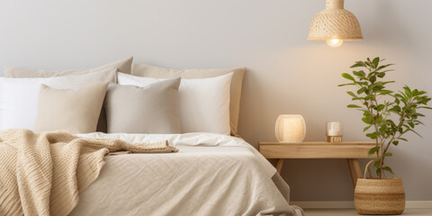 Fototapeta na wymiar Beige Bedroom with Soft Knits and Natural Light