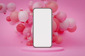 Mobile phone mockup with abstract objects in the background, 3d rendering