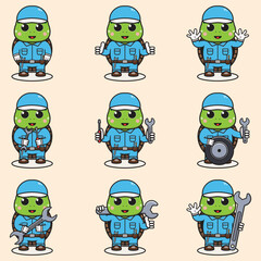 Mascot cartoon of cute Turtle wearing mechanic uniform and cap. Cute Turtle illustration. Character animal. Mechanic cartoon set. Vector illustration in isolated background. 