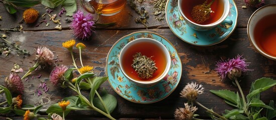 Herbal tea made from dried and fresh herbs, flowers, and plants. - obrazy, fototapety, plakaty