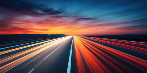 Streaks of vehicle lights speeding along a dusk-lit highway