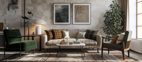 Stylish living room design with mock up poster frame, boucle sofa, green armchair, glass coffee table, brown plaid, marble lamp, and personal accessories.
