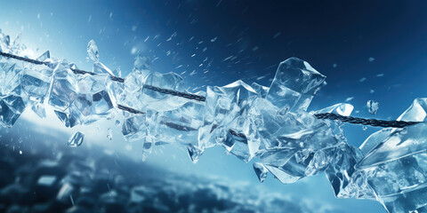 Cold chain shatters, icy fragments flying, as a symbol of release - obrazy, fototapety, plakaty