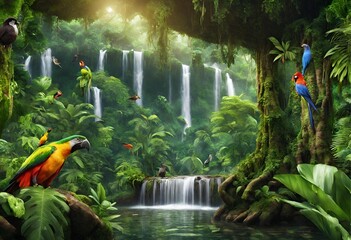 Tropical paradise with waterfall, lush greenery, and colorful birds in a serene jungle setting.