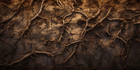 Network of twisting roots navigating through parched, textured soil