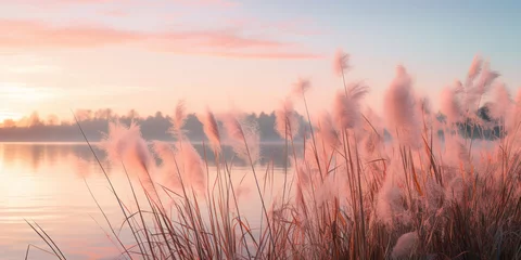 Foto op Canvas Wispy tall grasses sway gently by a serene lake, set against a backdrop of a soft pink sunrise © Putra