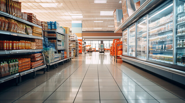 Bright Supermarket Aisle with Refrigerated Goods, Empty supermarket aisle with shelves stocked full of goods beside a row of refrigerated sections, representing consumer choice and abundance