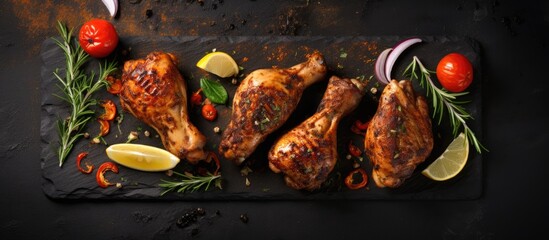 Caribbean jerk chicken drumsticks and thighs, spicy grilled, on black platter with ingredients on stone board, viewed from above, empty space. - obrazy, fototapety, plakaty