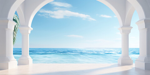 An archway opens to a serene beachscape, inviting a peaceful escape