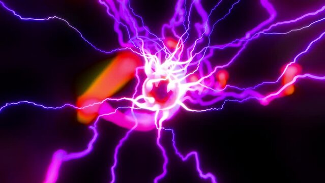 Plasma energy ball emits electric rays. Power cell glowing with purple light beams.
