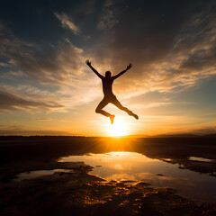 Silhouette of a person jumping at sunset.