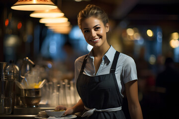 Woman working as waitressm woman working, working at a bar, beautiful woman working