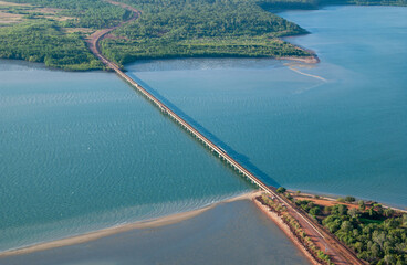 bridge over the  Mission river the longest single lane bridge in Australia  at Weipa ,Cape York  Queensland  Australia .