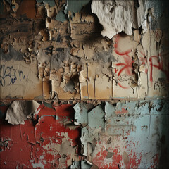 Grunge wall with peeling paint and graffiti, urban decay, close-up of textures and colors