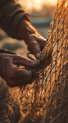 Fisherman repairing a fishing net, detailed focus on hands and net