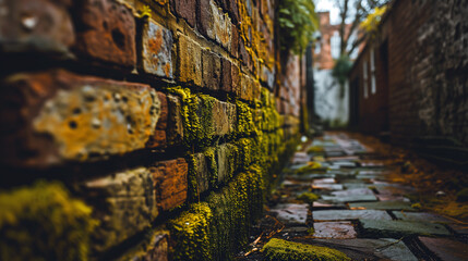 Fototapeta premium Old brick wall with grunge aesthetic, moss and weathering