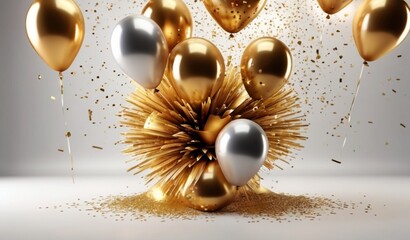 Abstract background gold fireworks and falling shiny confetti and balloon on white background from AI Generative