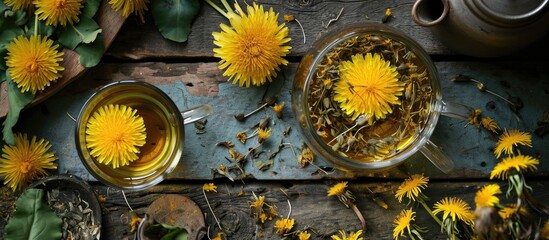 Top view of fresh dandelion root herbal tea. - obrazy, fototapety, plakaty