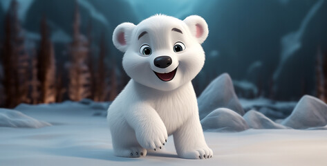 cute polar bear animated style full body, polar bear in the snow, polar bear on ice