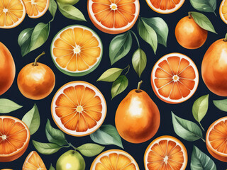 Vibrant Citrus Delight - A colorful fruit and citrus illustration featuring juicy orange slices in a realistic watercolor painting with a stylized retro fruit poster vibe Gen AI - obrazy, fototapety, plakaty