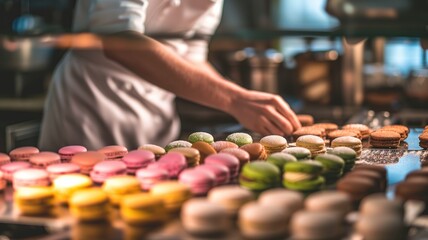 A chef arranging colorful macarons in a kitchen
