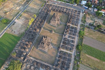 aerial view of Candi Plaosan in near candi Prambanan. Plaosan Temple is a Buddhist temple left by Rakai Pikatan from the Hindu Mataram kingdom, is estimated to have been built in the 9th century AD