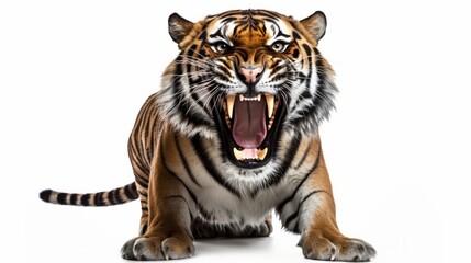 Aggressive, baring fangs, tiger isolated on a white background isolated on white background,. Created using Generative AI Technology - obrazy, fototapety, plakaty